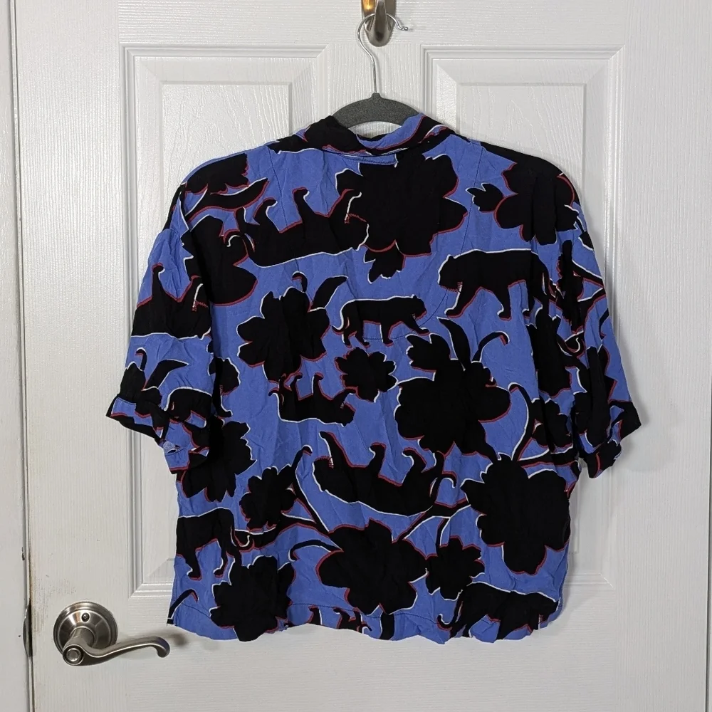 Refinery 29 Piera Cropped Wild Cat Novelty‎ Print Button Down Lounge Top Size S
